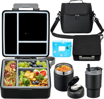 Bento Lunch Box for Kids with 17Oz Soup Thermo,Insulated Tumbler Water Bottle and Insulated Lunch Bag,Leak-Proof 3 Compartment Lunch Food Container with Ice Pack for Kids to School-Black1