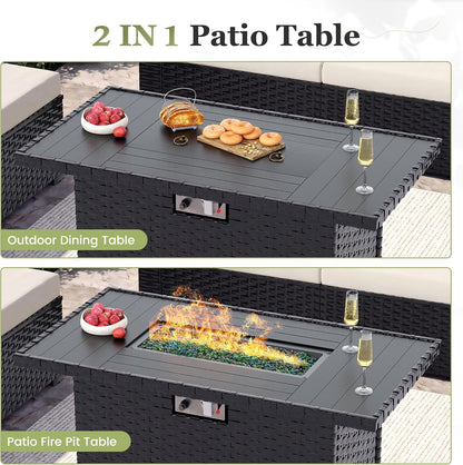 8 Pieces Patio Furniture Set with Fire Pit Table, Beige6