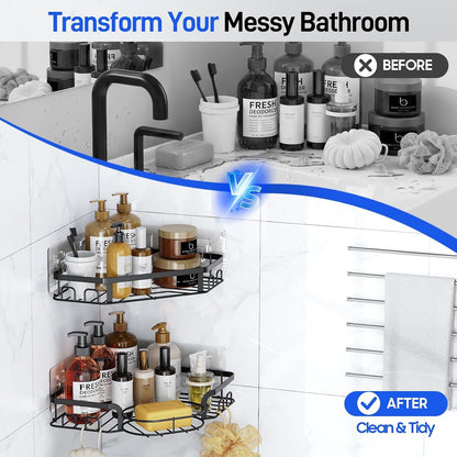 Corner Shower Caddy, Rustproof Shower Organizer with Soap Holder and 8 Hooks, No Drilling Adhesive Shower Shelves for inside Shower, Large Capacity Shower Rack for Bathroom Shower Storage, Black9