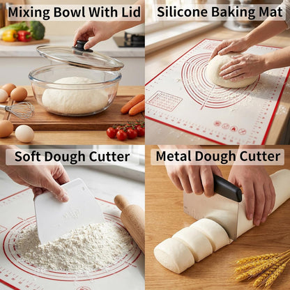 4 Pcs Kit 6 QT Large Glass Mixing Bowl with Lid Baking Mat Dough Cutter3