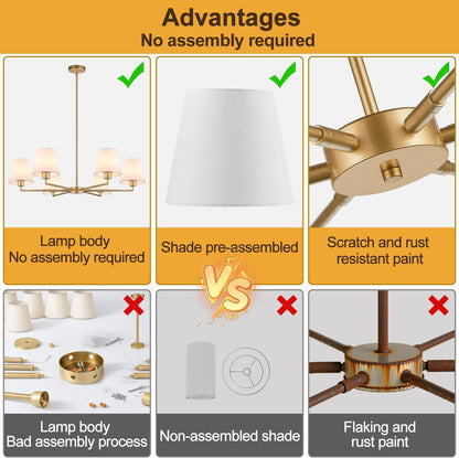 Brass Gold Chandeliers for Dining Room, 36" 6 Light No Assembly Required Antique Modern Gold Chandelier Light Fixture with White Fabric Shade, Classic Kitchen Pendant Lights over Table for Bedroom3