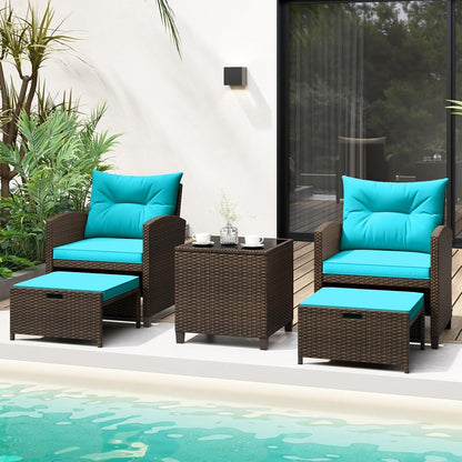 5 Pieces Patio Conversation Set, PE Wicker Outdoor Furniture Set with 2 Chairs, 2 Ottomans & Tempered Glass Coffee Table, Ideal for Poolside, Backyard, Lawn, Deck, Mix Brown & Turquoise2