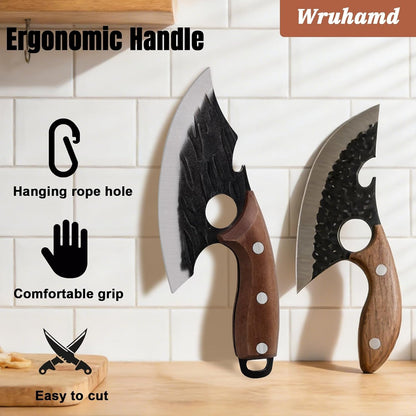 2PCS Hand Forged Viking Boning Knife Set, High Carbon Steel Ulu Knife with Sheath, Viking-Style Cleaver & Pizza Cutter for Meat, Kitchen Knives for Meat Trimming, BBQ, Camping, Fish Filleting6