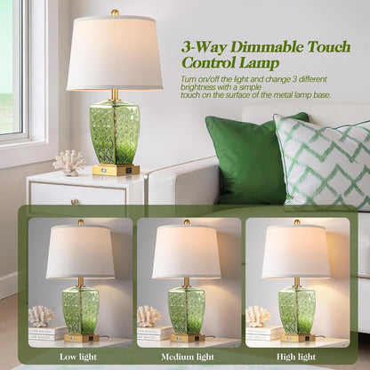23" Glass Table Lamps Set of 2, Bedside Lamp for Bedroom, Green2