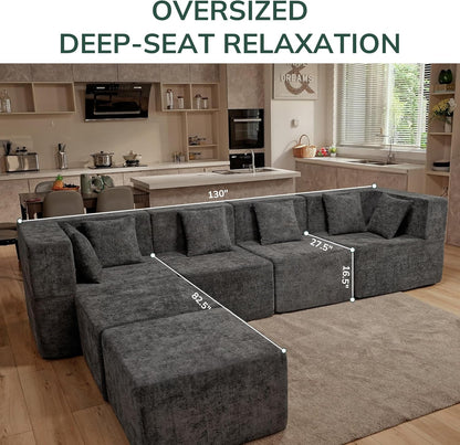 Modular Sectional Cloud Couch for Living Room - 130'' 6 Seater Convertible Chenille Couches Set with Ottoman, No Assembly Compression Sofas, Comfy Floor Sofa with Memory Foam, Grey2