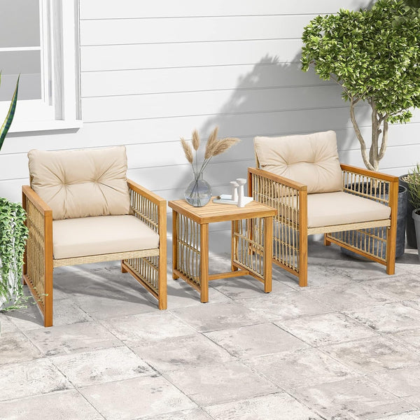 3 Pieces Acacia Wood Patio Furniture Set, PE Wicker Bistro Set with Cushioned Chairs and Coffee Table, Outdoor Conversation Set for Porch, Deck, Balcony, Backyard (Beige)2