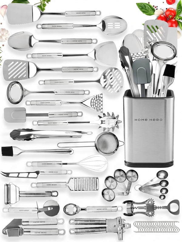 54-Piece Stainless Steel Kitchen Utensils Set - Heat-Resistant Nonstick Silicone & Stainless Steel Cooking Utensils - Complete Tools with Slotted Spoon & Pasta Spoon - Pack of 54, Silver1
