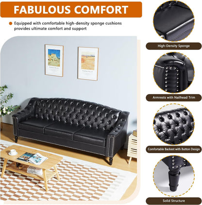 Mid-Century Modern Leather Couch, 80" Large Upholstered Sofa with High Back, Chesterfield Sofa Sleeper Settee with Solid Wood Legs, Tufted 3 Seater Wide Couches for Living Room Office (Black)3