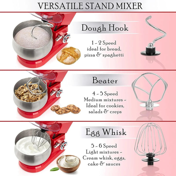 Stand Mixer, 6 Speed Electric Mixer with 5.5 Quart Stainless Steel Mixing Bowl, Red Body Kitchen Mixer with Dough Hook, Whisk, Beater & Baking Spatula, Classic Food Mixer3