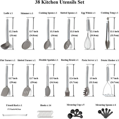 38 Piece Silicone Kitchen Cooking Utensils Set with Utensil Rack, Silicone Head and Stainless Steel Handle Cookware, Kitchen Tools for Utensil Sets, Non-Stick Kitchen Gadgets, Dishwasher Safe(Silver)2