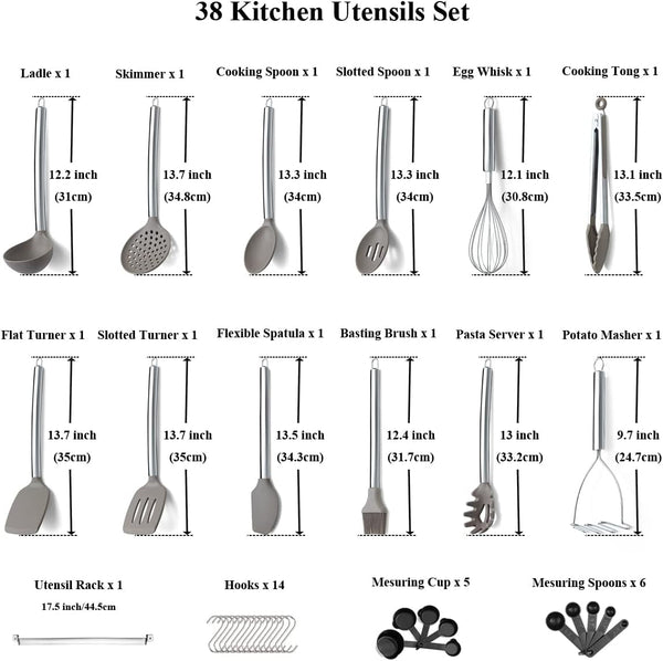 38 Piece Silicone Kitchen Cooking Utensils Set with Utensil Rack, Silicone Head and Stainless Steel Handle Cookware, Kitchen Tools for Utensil Sets, Non-Stick Kitchen Gadgets, Dishwasher Safe(Silver)2