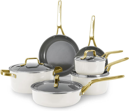 White 10 Piece Ceramic Cookware Set | Pots Pans for Family Meals | Include Saucepan, Saute Pan, Stockpot, Frying Pans, Oven Safe to 480°F, Dishwasher Safe, Non-Toxic PFAS Free, Induction Bases1