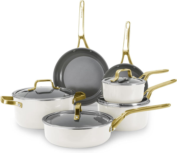White 10 Piece Ceramic Cookware Set | Pots Pans for Family Meals | Include Saucepan, Saute Pan, Stockpot, Frying Pans, Oven Safe to 480°F, Dishwasher Safe, Non-Toxic PFAS Free, Induction Bases1