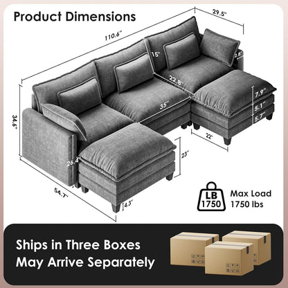 110.6" Modular Sectional Sofa, 5-Seat Chenille Couch with Deep Seat, Ottoman & Throw Pillows, U-Shaped Couch for Living Room, Grey2
