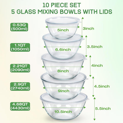 Glass Mixing Bowls with Lids Set of 5(4.7QT, 2.9QT, 2.2QT, 1.1QT, 0.53QT), Thick Glass Large Salad Bowls, Space-Saving Nesting Bowls for Kitchen Baking, Prepping, Cooking, Dishwasher, Microwave Safe2