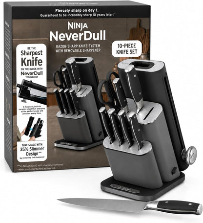 Ninja® Neverdull® 10-Pc German Steel Knife Set, Black, NK32010BK1 | Stays Razor-Sharp 10+ Years. Premium German Steel. Removable Sharpener Stores in a Drawer Saving up to 35% More Counter Space1