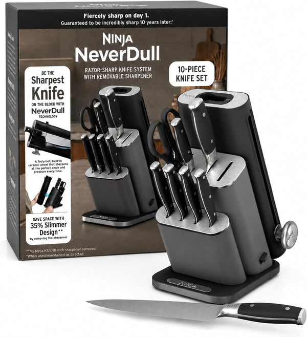 Ninja® Neverdull® 10-Pc German Steel Knife Set, Black, NK32010BK1 | Stays Razor-Sharp 10+ Years. Premium German Steel. Removable Sharpener Stores in a Drawer Saving up to 35% More Counter Space1