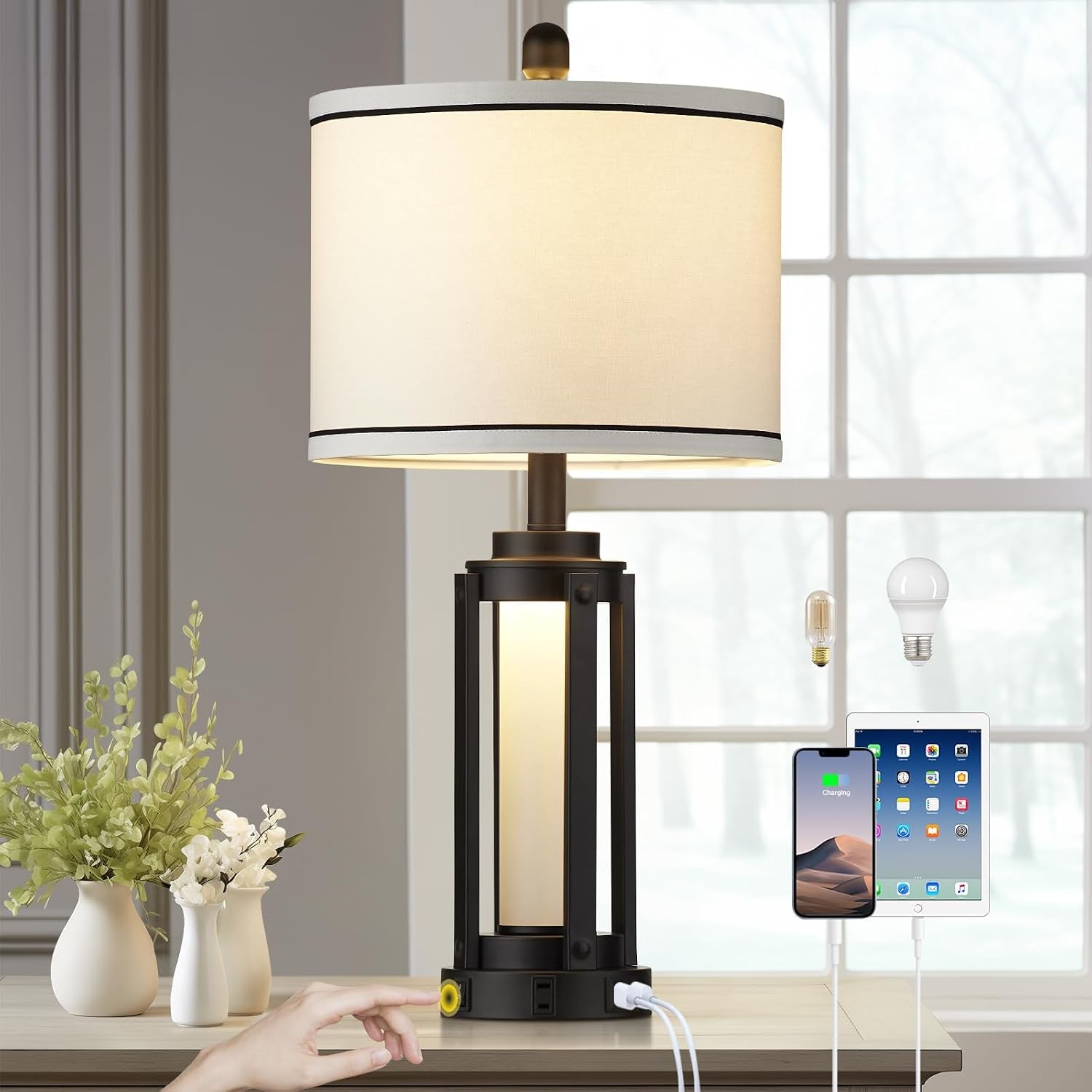 26-modern-table-lamp-with-usb-a-c-charging-ports-ac-outlet-industrial-beside-contemporary-lamp-glass-led-night-light-for-living-room-bedroom-nightstand-end-table-single-black2-bulbs-included