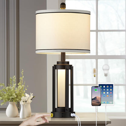 26" Modern Table Lamp with USB A+C Charging Ports & AC Outlet, Industrial beside Contemporary Lamp Glass LED Night Light for Living Room Bedroom Nightstand End Table Single Black(2 Bulbs Included)1