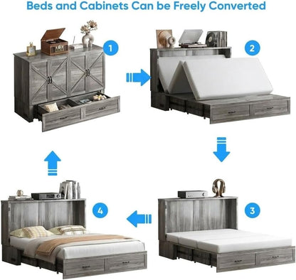 Queen Size Murphy Bed with Mattress, Wood Frame Cabinet Beds with Charging Station & Storage Drawers, Space Saving Hideaway Cabinet Bed for Guest Room, Home Office, Apartment, Grey8