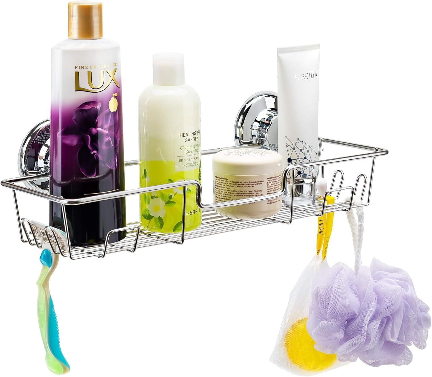 strong-suction-cup-shower-caddy-bath-shelf-storage-with-4-side-hooks-combo-organizer-basket-for-shampoo-conditioner-soap-razor-bathroom-accessories-chrome-2-count