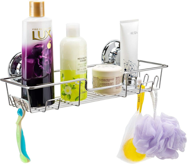 Strong Suction Cup Shower Caddy Bath Shelf Storage with 4 Side Hooks, Combo Organizer Basket for Shampoo, Conditioner, Soap, Razor Bathroom Accessories, Chrome, 2 Count4