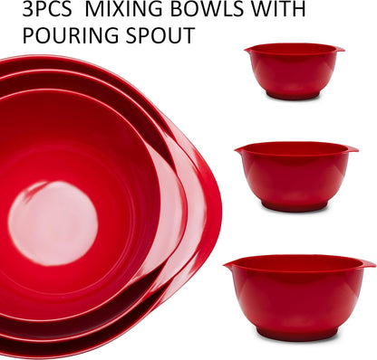 Mixing Bowls Set, 3 Piece Melamine Nesting Bowls with Pour Spout, Non-Slip Base, Great for Prepping, Baking, Mixing Cooking, BPA Free and Dishwasher Safe, Red2
