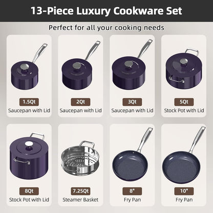 Lux 13Pc Forged Lightweight Nonstick Ceramic Cookware Set, Pfas-Free | Healthy G10 Duralon Ceramic Coating, Pots & Pans Set, Stay-Cool Handles, Metal Lids, All Cooktops & Induction Ready, Eggplant9