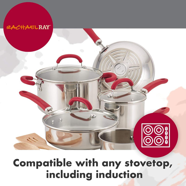 Create Delicious Stainless Steel Cookware Set, 10-Piece Pots and Pans Set, Stainless Steel with Red Handles3