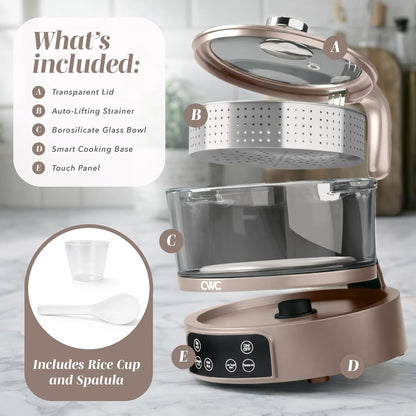 Glass Mini Low Carb Rice Cooker – Holds 2 Cups Raw/Makes 6 Cups Cooked with Auto Lift Filter Basket, Hotpot & Steamer for Rice, Grains, Digital Panel with Keep Warm, Goat/Mink2