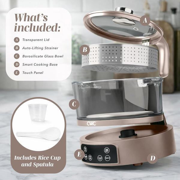 Glass Mini Low Carb Rice Cooker – Holds 2 Cups Raw/Makes 6 Cups Cooked with Auto Lift Filter Basket, Hotpot & Steamer for Rice, Grains, Digital Panel with Keep Warm, Goat/Mink2