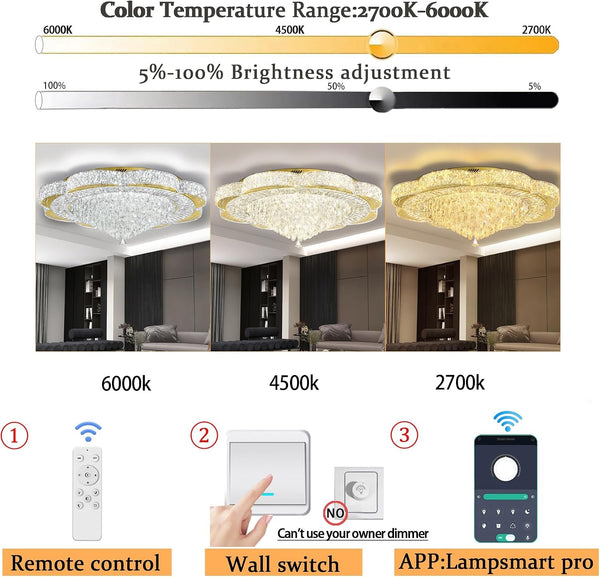 Modern Crystal Chandelier for Living Room 40In Gold Crystal Raindrop Ceiling Light for Room Bedroom LED Dimmable 3000-6000K7