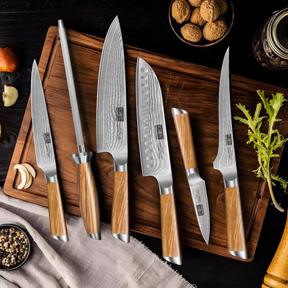 Damascus Knife Block Set 7PCS, Sharp Kitchen Knives with Sharpener | Professional Chef Knife Set | Japanese Super Steel | 15° Edge | 62 HRC | Ergonomic Olive Wood Handle | Ideal Cooking Gift5