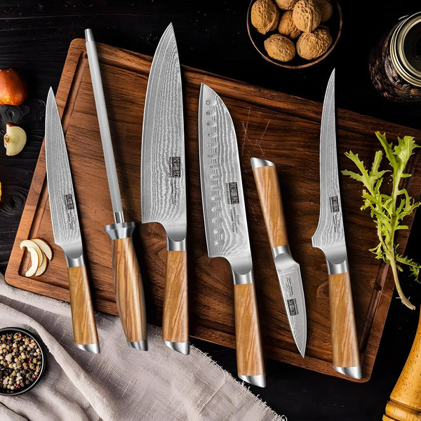 Damascus Knife Block Set 7PCS, Sharp Kitchen Knives with Sharpener | Professional Chef Knife Set | Japanese Super Steel | 15° Edge | 62 HRC | Ergonomic Olive Wood Handle | Ideal Cooking Gift5