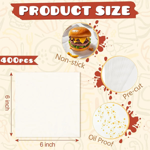 400PCS Patty Paper, 6X6 in White Wax Paper Squares, Non-Stick Burger Patty Paper for Separating Burgers, Butter, Cookies, Freezing, Baking and Candy Wrappe2