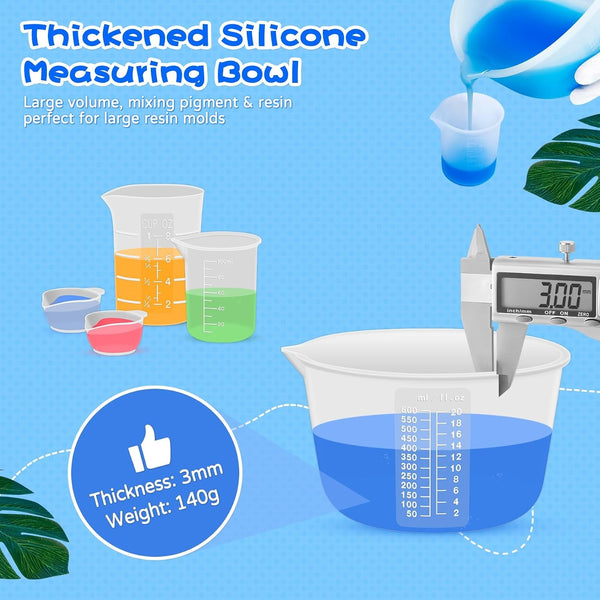 Silicone Resin Mixing Measuring Cups for Resin Supplies, 600Ml/20Oz Bowl, 250 & 100Ml Thickened Reusable Silicone Cups for Epoxy Mixing, with Stir Sticks and Pipettes, Jewelry Making4