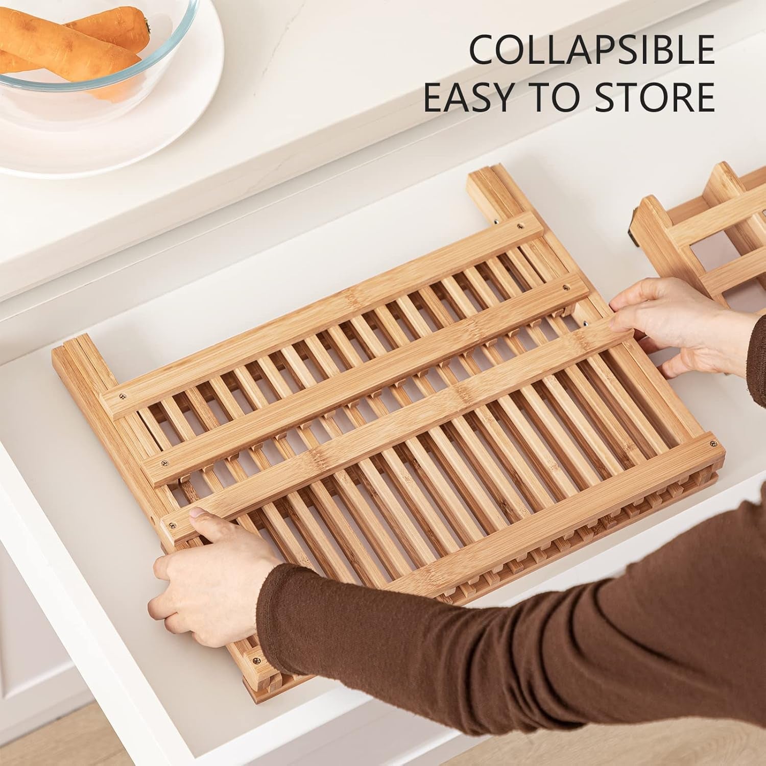 dish-rack-bamboo-folding-2-tier-collapsible-drainer-dish-drying-rack-with-utensils-flatware-holder-set-dish-rack-with-utensil-holder