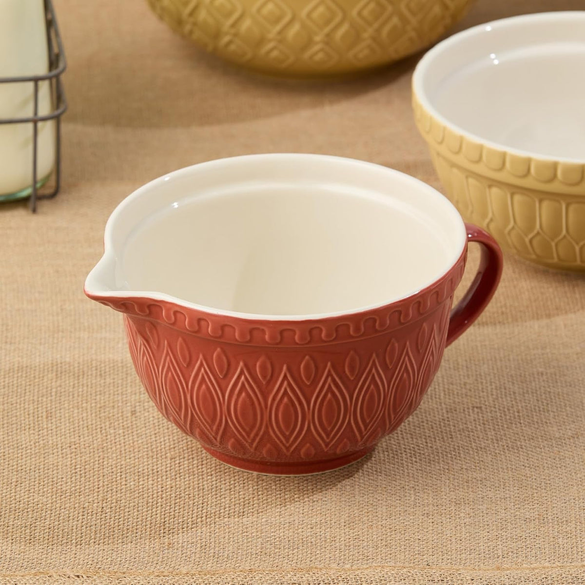 vintage-farm-stoneware-batter-bowl-2-5-quart-capacity-10-5x8x5-inch-embossed-rustic-red-design-with-handle-spout-durable-farmhouse-style-mixing-bowl-for-baking-cooking-dishwasher-safe