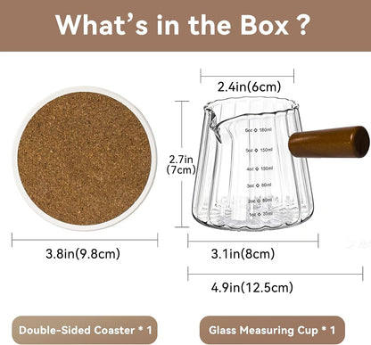 Glass Measuring Cup 6OZ, Espresso Accessories, Expresso Shots Cup, Espresso Shot Glass with V-Shaped Mouth, Ribbed Milk Frothing Pitcher, Coffee Espresso Cup(Wooden Handle)2