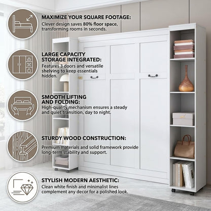 Queen Murphy Bed with 3 Doors Wardrobe Closet, Wood Wall Bed for Guest Room and Home Office, White Folding Lifting Bed W5
