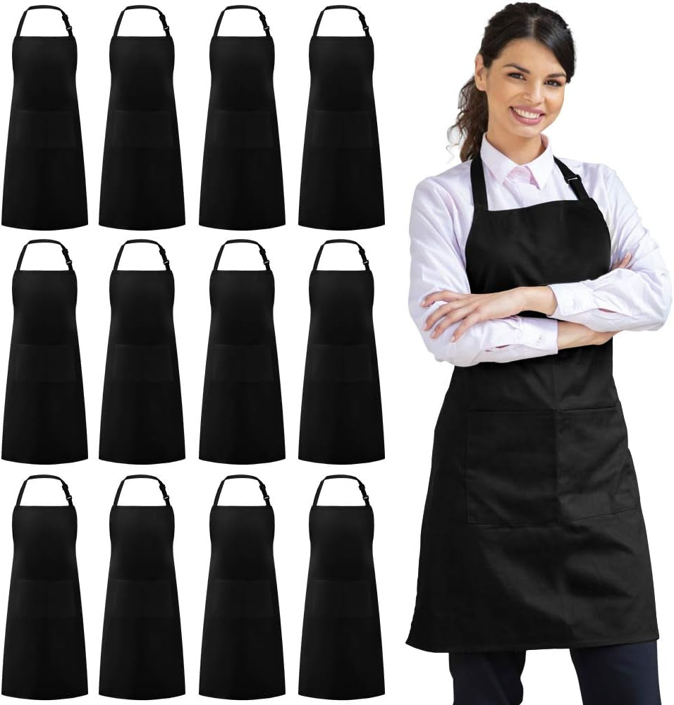 12-pack-apron-with-2-pockets-aprons-for-men-women-polyester-black-bulk-commercial-use-durable-polyester-double-stitching-adjustable-strap-2-pockets-multi-purpose-bbq-grill-gift