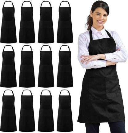12 Pack Apron with 2 Pockets Aprons for Men Women, Polyester, Black | Bulk, Commercial Use, Durable Polyester, Double Stitching, Adjustable Strap, 2 Pockets, Multi-Purpose, BBQ, Grill, Gift1