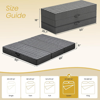 Tri Folding Mattress Queen Size - 6 Inch Dual-Layer Memory Foam Foldable Mattress Portable Floor Bed Sofa with Removable Washable Cover, Handle & Non-Slip Bottom for Travel,Rv,Camping,Guest,Yoga,Black2