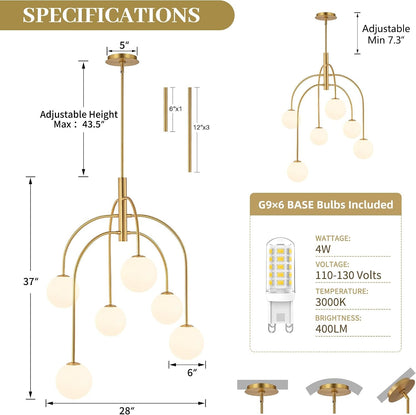 6 Lights Mid Century Modern Chandelier, Milk Glass Globe Chandelier Light Fixture with Gold Metal & White Ball, Large Pendant Lighting Ceiling Hanging for Dining Room Kitchen Island Entryway6