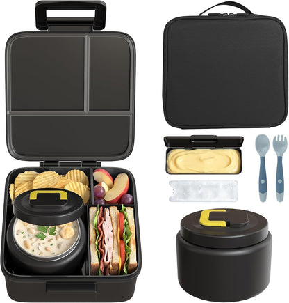 Bento Lunch Box with 8Oz Soup Thermo and Insulated Lunch Bag, Kids Leakproof Lunch Food Containers with 5 Compartment, Boys Girls Thermo Hot Food Jar for Travel, School, BPA Free (Black)1