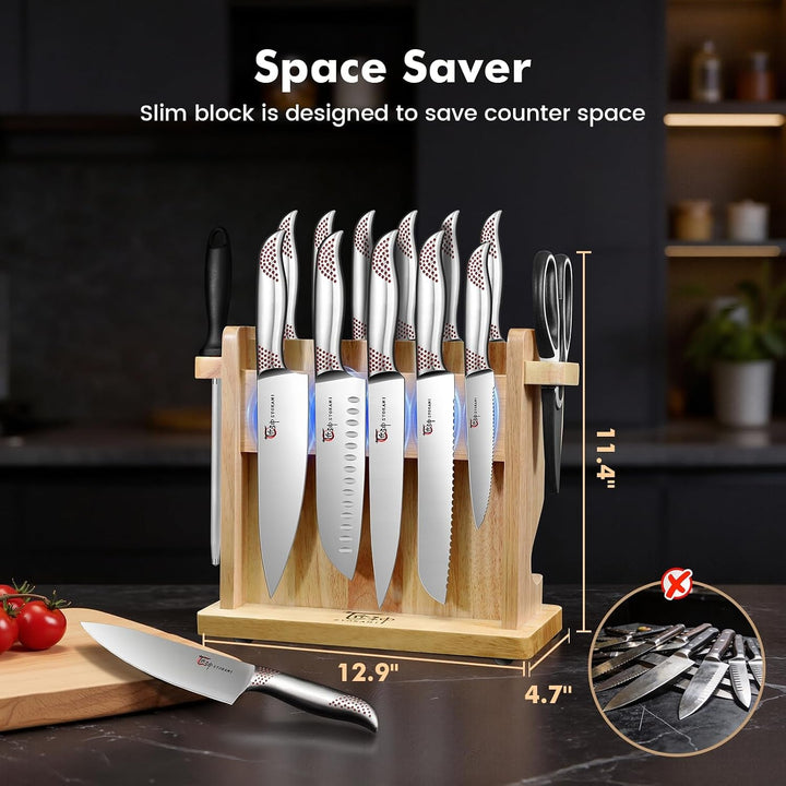 Japanese Knives Set for Kitchen, Magnetic Knife Set with Block and Sharpener, Stainless Steel Knife Set as Gift for Couple, Wedding, Women or Mom with Gift Box, 14 PCS Red Dot | High Carbon Stainless Steel Chef Knife Set with Sharpener, Ergonomic Handle, Razor Sharp, Dishwasher Safe, Ideal for Gift+2