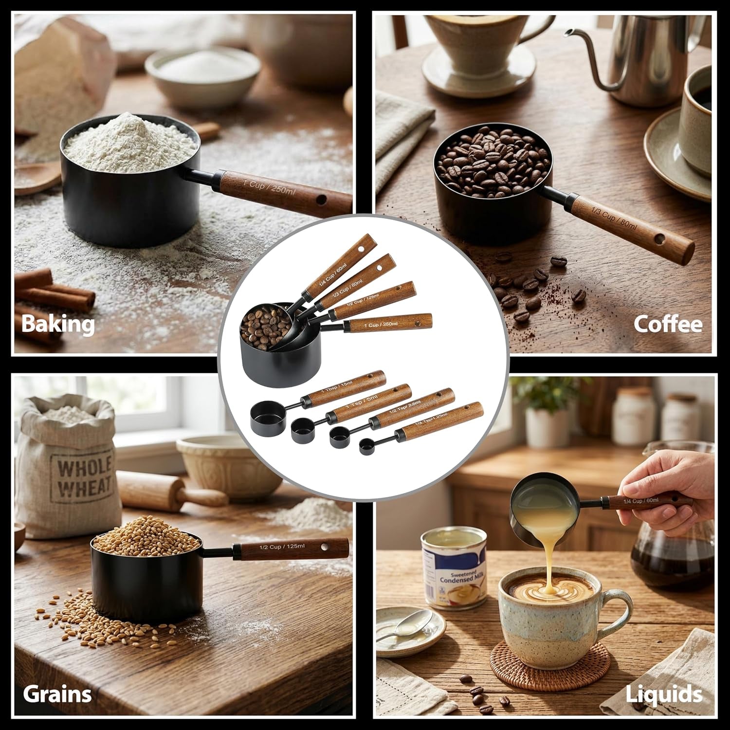 measuring-cups-and-spoons-set-8pcs-stainless-steel-metal-measuring-cups-walnut-wood-handle-black-plated-for-dry-and-liquid-ingredients