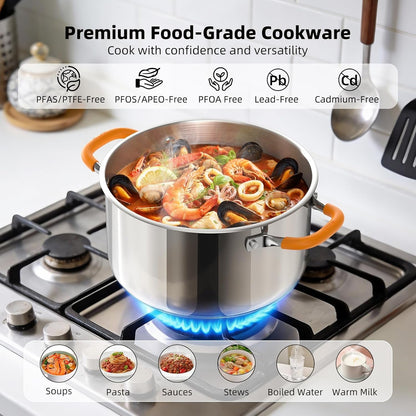 Stainless Steel Stock Pot, 5.2 Quart Soup Pot with Lid, Heavy-Duty Thick Bottom Induction Cooking Pot for Pasta, Stew & Simmering, Even Heating, Compatible with All Cooktops, Dishwasher Safe2
