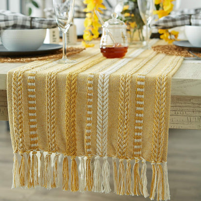 Farmhouse Braided Stripe Table Runner Collection, 15X72 (15X77, Fringe Included), Honey Gold4