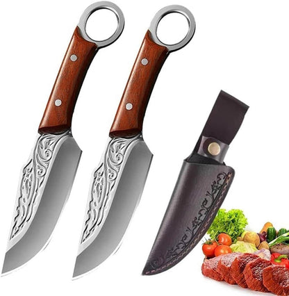 Meat Cleaver, Boning Knife Handmade Forged Outdoor Camping Knives Stainless Steel Hunting Butcher Knives with Cover(2Pcs)1